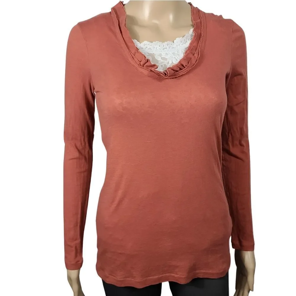 J.crew Burnt Orange long Sleeve Ruffled Neck Top